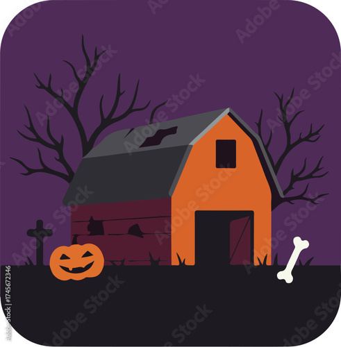 Halloween-themed illustration of a rural scene with an orange barn, jack-o'-lantern, and leafless trees under a dark purple sky