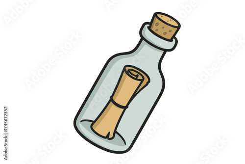 Message in a bottle cartoon vector icon. Pirate treasure map scroll, secret letter in glass container with cork. Communication, hope, castaway SOS concept illustration.