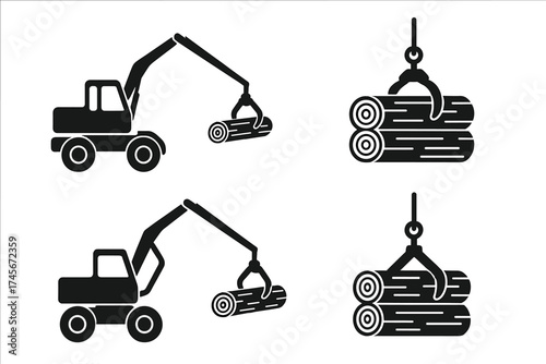 Log loader forwarder icon set. Forestry equipment, timber industry symbol. Heavy machinery for logging. Crane with grapple loading wood logs. Feller buncher silhouette vector.