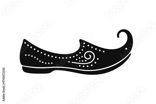 Traditional turkish or arabic shoe icon. Ethnic footwear concept. Aladdin shoe silhouette. Indian jutti or khussa. Moroccan babouche. Oriental fashion. Vector illustration.