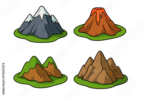 Mountain and volcano cartoon icon set. Isometric vector illustration collection of nature landscape symbols. Snow peak, lava eruption, rock hill for web design or game assets.