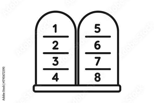 Ten Commandments icon. Stone tablets of law. Religious symbol. God's laws from the Bible. Moses tablets. Jewish and Christian decalogue. Scripture. Covenant outline pictogram.