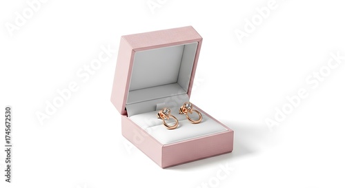 Elegant pink jewelry box with sparkling earrings inside isolated on white background