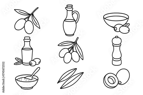Olive branch and olive oil outline icon set. Vector symbols collection for food design, including seasoning, bottle, bowl, and spice mill. Healthy Mediterranean cooking concept.