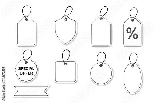 Set of sale tags and labels template, blank discount and price stickers on transparent white background, special offer coupon labels, shopping vector illustration