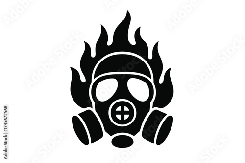 Gas mask in fire flames icon. Firefighter safety equipment silhouette. Emergency hazard symbol. Respirator for protection from smoke, toxic chemical gas. Apocalypse survival gear.