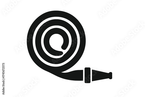 Fire hose icon vector. Coiled firehose reel with nozzle. Firefighter equipment symbol. Emergency service safety sign. Black silhouette illustration isolated on white background.
