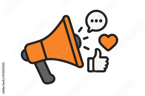 Social media marketing concept with megaphone. Vector icon for digital promotion, announcement and advertising. Loudspeaker with like, comment, and heart symbols. Communication.