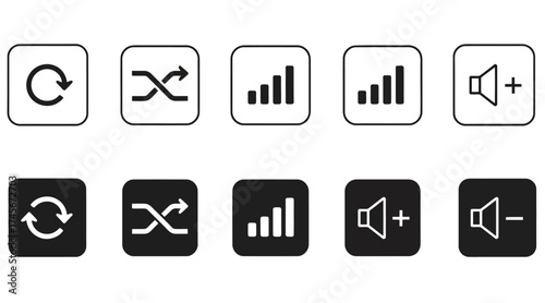 Vector art of set of audio control icons in black and white for user interface design