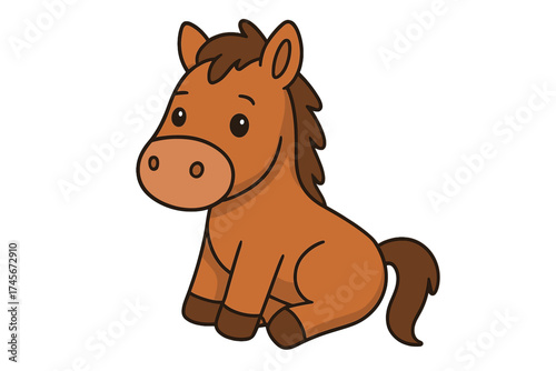 Cute baby horse cartoon character sitting. Adorable little pony or foal mascot illustration. Farm animal vector icon isolated on white background. Equine graphic symbol.