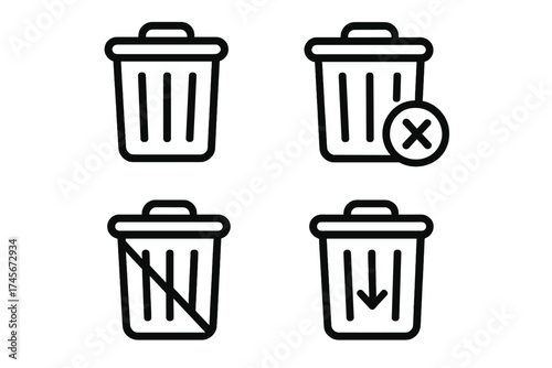 Set of trash bin icons symbolizing remove and delete actions, modern filled line style for web design, applications, UI, logos, isolated on white background, vector illustration