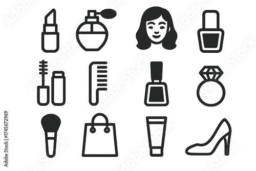 Beauty and fashion icon set. Cosmetics, makeup, and skincare pictograms. Lipstick, mascara, perfume, nail polish, high heel, shopping bag. Glamour style vector collection.
