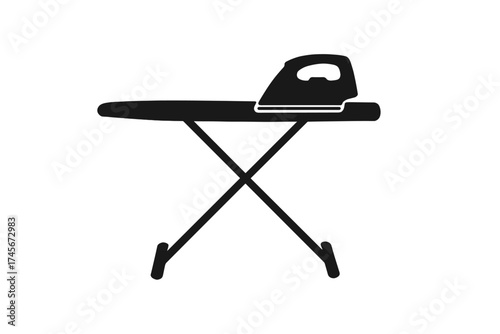Ironing board and iron icon. Dry cleaning symbol. Laundry room equipment for housework. Housekeeping service. Domestic appliance for garment care. Pressing clothes vector sign.