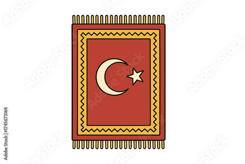 Turkish prayer rug with flag symbol. Islamic carpet for salat prayer. Traditional Muslim sajadah. Vector icon of Turkey's national emblem, crescent moon and star illustration.