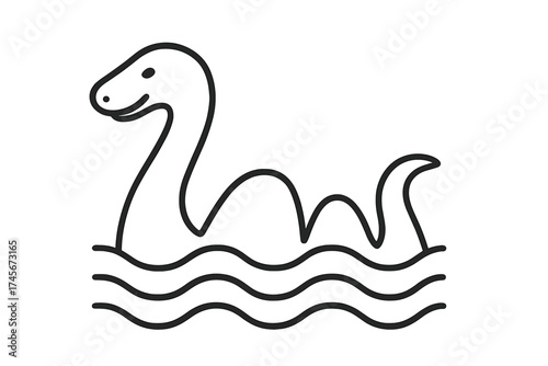 Loch Ness monster vector icon. Cute Nessie in simple outline style. Mythical creature from Scotland, legendary symbol of Scottish folklore swimming in water. Line art isolated.