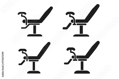 Dentist chair icon set. Dental clinic equipment symbol. Stomatology and orthodontics furniture for patient treatment. Medical examination seat vector graphic silhouette.