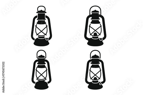Set of four vintage camping lantern icons. Old kerosene oil lamp silhouette. Retro gas lamp for hiking, outdoor adventure, exploration. Classic survival equipment vector graphic.