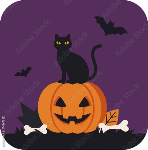 Halloween-themed illustration featuring a glowing jack-o'-lantern with a black cat and flying bats on a dark purple background