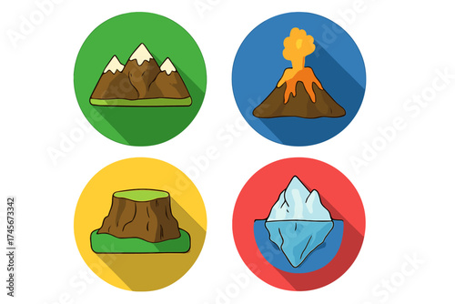 Nature and geology flat icon set. Vector cartoon illustration of mountain, erupting volcano, iceberg, and tree stump. Earth surface elements with long shadow for web design.