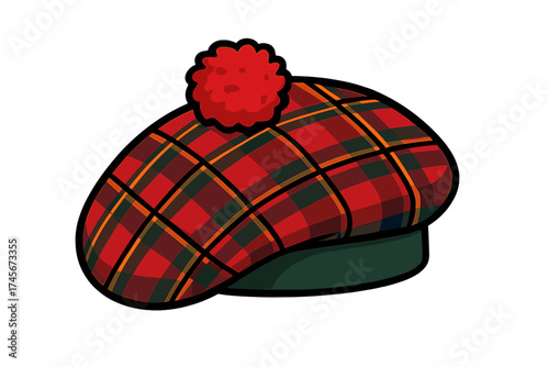 Scottish traditional tam o' shanter cap with red pom-pom. National headdress of Scotland. Red tartan plaid bonnet, country symbol. Cartoon vector illustration isolated on white.
