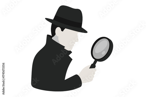 Detective icon with magnifying glass. Man in hat and trench coat investigating. Private eye, spy, inspector searching. Mystery, crime, investigation concept vector illustration.