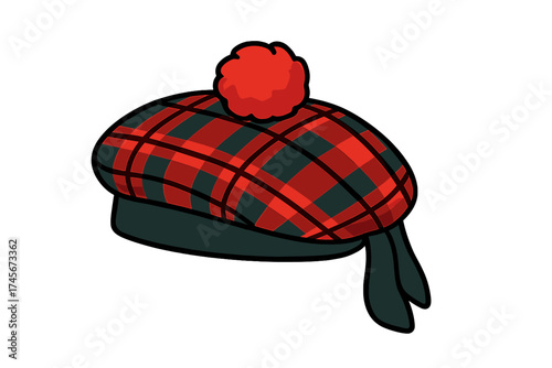 Scottish traditional cap icon. Tam o' Shanter hat with red pom-pom. Scotland country symbol. National costume accessory with red tartan plaid pattern. Vector illustration.