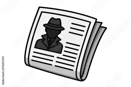 Newspaper news, detective investigating a case on the cover. Private investigator, spy, secret agent icon. Crime story, mystery, confidential information. Journalism vector.