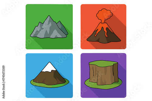 Mountain and volcano icon set. Flat cartoon vector illustration collection. Includes rocky peaks, snow-capped mountain, erupting volcano, and plateau. Geology symbols.