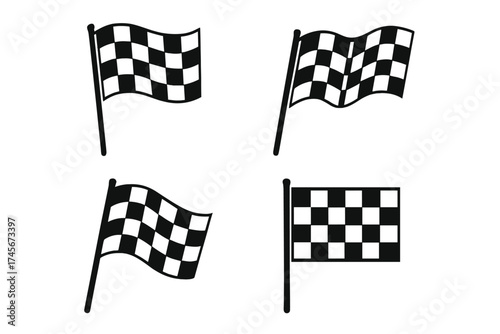 Checkered flag vector icon set. Waving racing flags for finish and start line. Motorsport competition symbol. Auto and moto sport concept. Winner, victory, and speed sign.