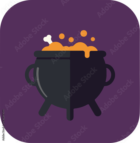 Black cauldron with bubbling orange liquid on deep purple background