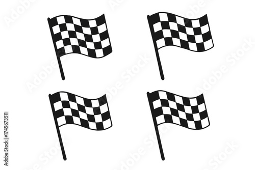 Checkered race flag vector icon set. Waving chequered flag for the finish line in a motor sport competition. Symbol of victory, success, and the end of a race.