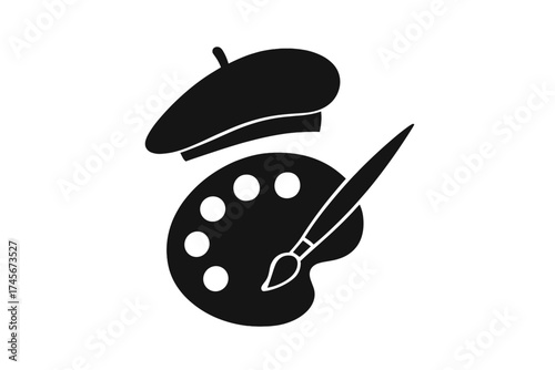 Artist icon with painters palette, brush and beret. French artist symbol. Art, creativity, hobby concept. Painting equipment vector illustration. France culture sign. Black isolated.