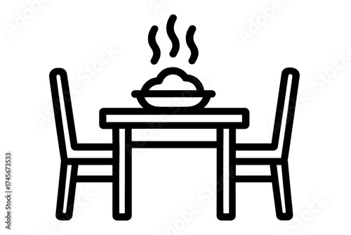 Restaurant dinner concept icon. Hot meal on table with two chairs. Dining for two. Romantic date or lunch setting. Cafe, bistro, food court furniture. Served dish symbol.