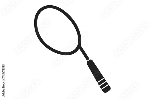 Badminton racket black glyph icon. Sports equipment for game and competition. Active lifestyle and leisure hobby symbol. Vector illustration silhouette isolated on white background.