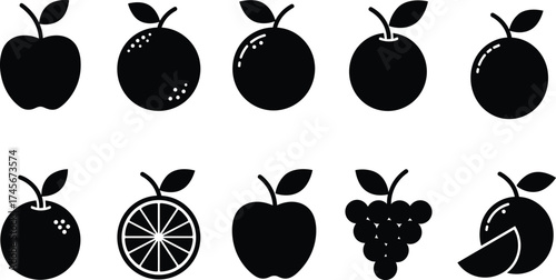 Fruit silhouette icons, apple orange grape banana watermelon, black vector design, healthy food illustration, organic produce art, minimal graphic element, fresh nature symbol