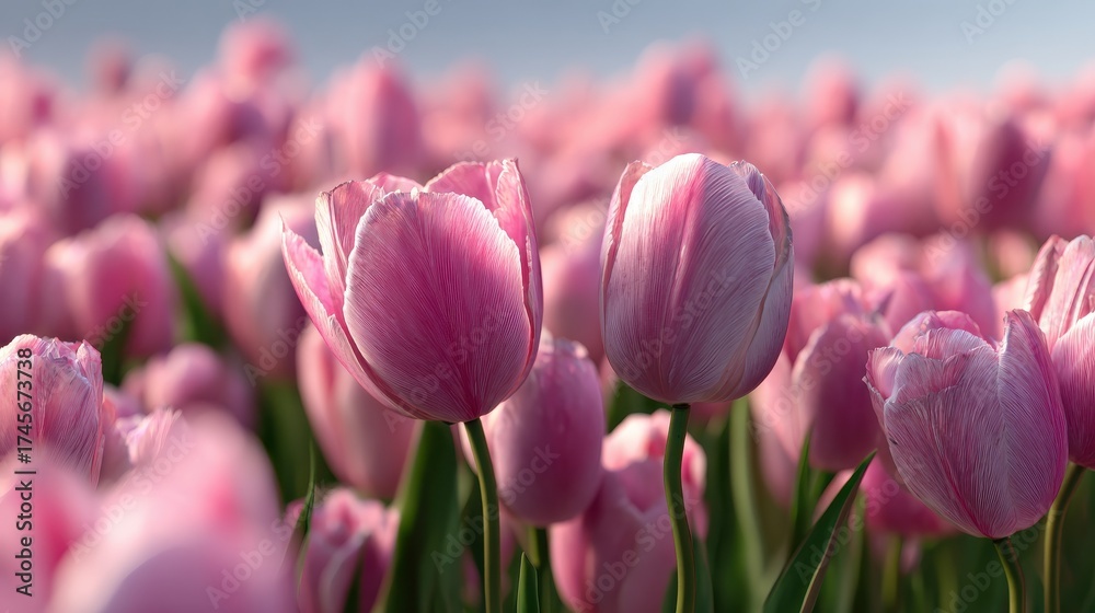 Obraz premium pink tulip field macro stunning spring floral closeup generative ai