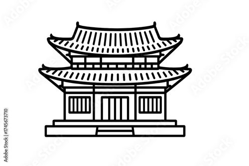 Korean palace vector icon. Traditional temple building in line art style. Ancient architecture of South Korea. Symbol of asian culture and history for travel and tourism to Seoul.