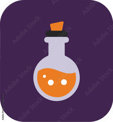 Stylized potion bottle with orange liquid and cork stopper on purple background