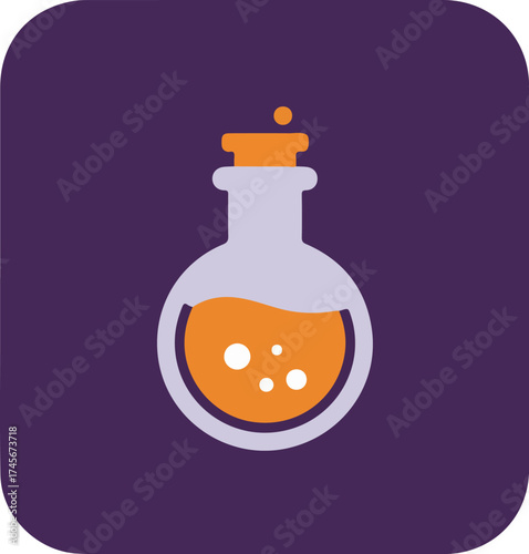 Minimalist flat-style illustration of a transparent potion bottle with orange liquid and white bubbles on a purple background