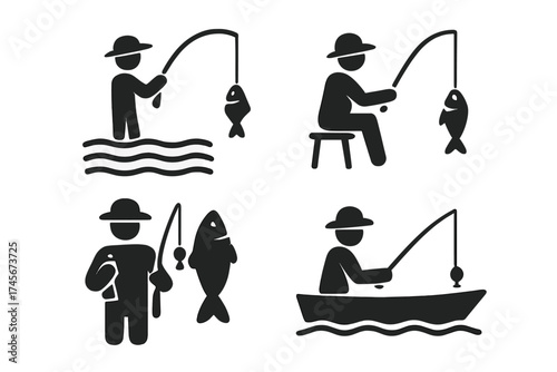 Set of fisherman icons. Man fishing in a boat, standing in water, and with a catch. Angler with fishing rod silhouette vector illustration. Hobby and outdoor activity concept.
