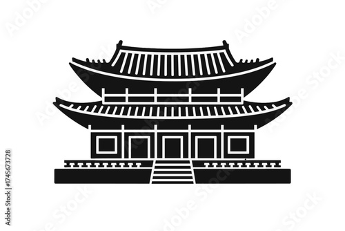 South Korea traditional palace icon. Ancient temple, Gyeongbokgung landmark silhouette. Asian architecture building. Seoul travel vector illustration. Black isolated pagoda graphic symbol.