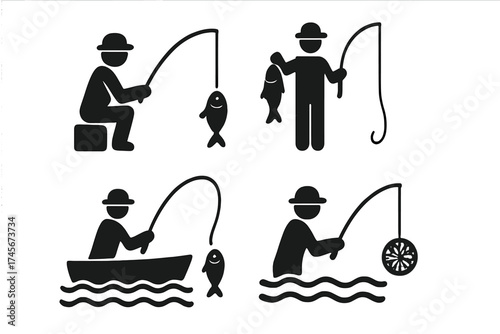 Fisherman icon set vector. Fishing pictogram collection. Man with fishing rod catching fish. Hobby, leisure and outdoor activity symbol. Angler in boat, standing in water.
