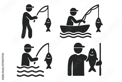 Fisherman icon set. Fishing pictogram collection. Man with fish and rod vector illustration. Person catching fish from a boat and standing in water. Angler hobby and leisure symbols.