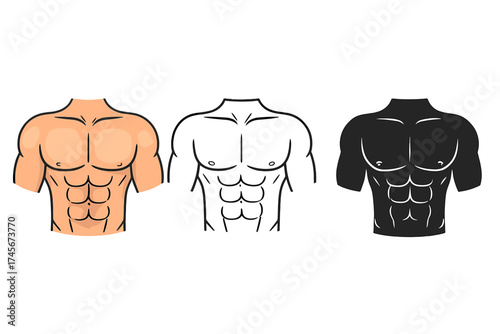 Man torso muscular body vector icon set. Fitness gym workout concept. Male chest and abs six-pack. Bodybuilding strong athletic man. Health anatomy flat and line silhouette.