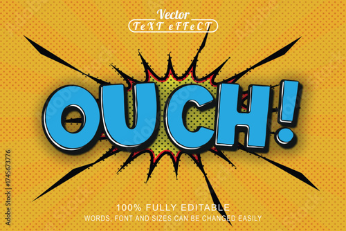 Comic book style ouch! sound effect graphic, colorful comic pop art halftone colorful background with simple bubble text ouch!