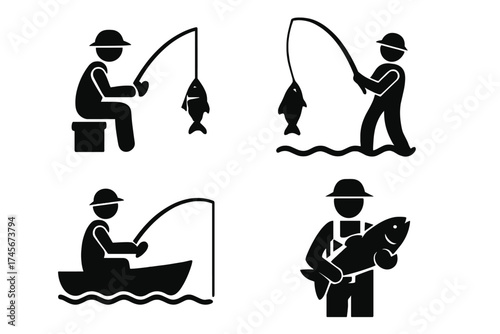 Fisherman icon set vector. Angler with fishing rod and fish symbol collection. Man fishing in boat, from shore, holding catch. Hobby, leisure, outdoor activity pictogram.
