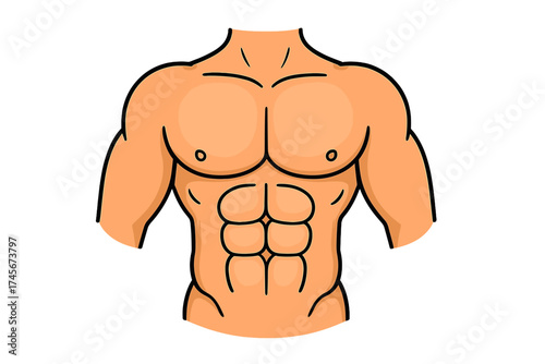 Male torso with six-pack abs. Man muscle body. Fitness, bodybuilding, health concept. Vector illustration icon for gym, sport, and workout. Isolated on white background.