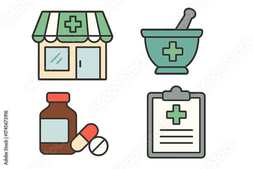 Pharmacy vector icon set. Medical and healthcare line icons collection. Drugstore, mortar and pestle, prescription, pills, capsule, and bottle. Pharmaceutical flat design.