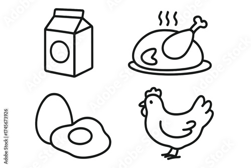 Farm food icon set. Vector line art of poultry and dairy. Includes live chicken, roasted turkey, fried egg, milk carton. Agriculture, grocery, butcher, breakfast concept.