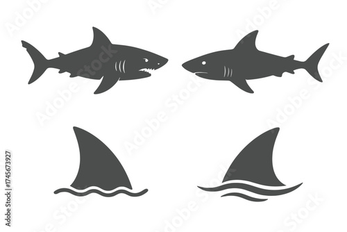 Shark silhouette vector icon set. Great white shark predator with fin in sea wave. Angry and calm fish. Marine animal, ocean wildlife danger symbol. Isolated graphic design element.